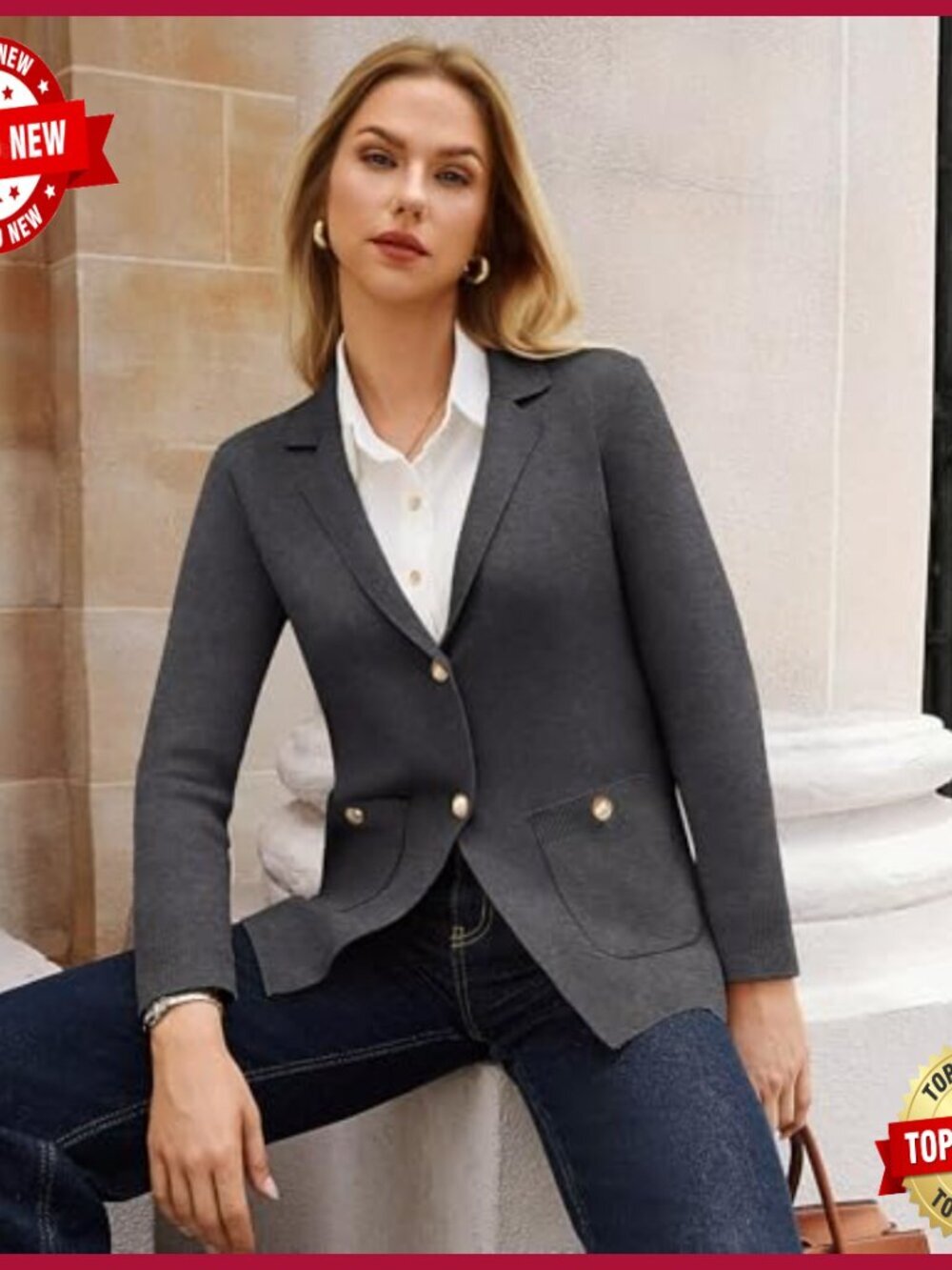 Long Sleeve Open Front Blazer Cardigan with Pockets Business Casual - Picture 5 of 7